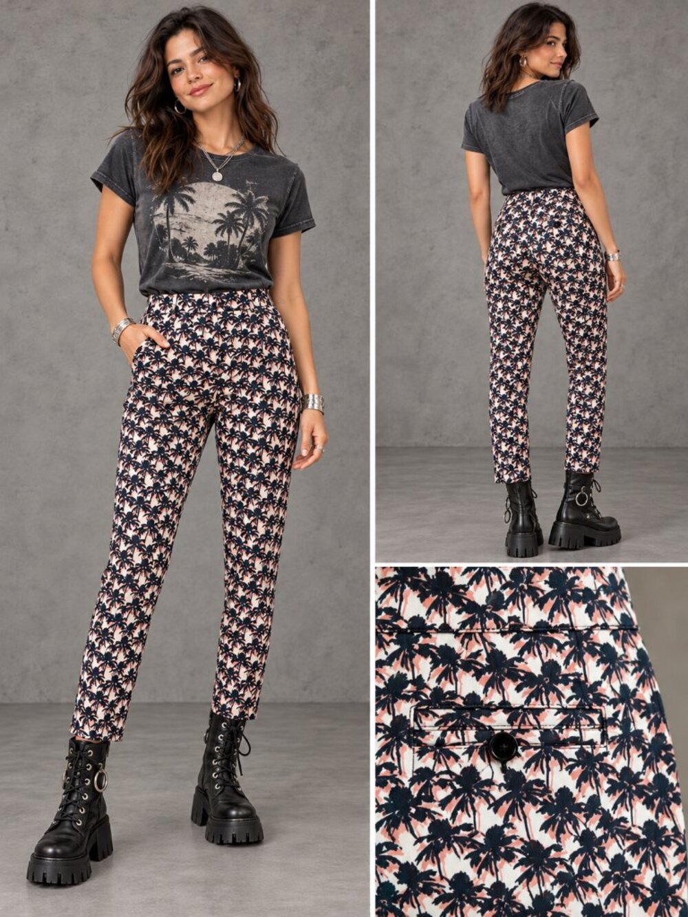 Trina Turk Pink Black Palm Tree Print Slim Leg Stretch Pants US 4